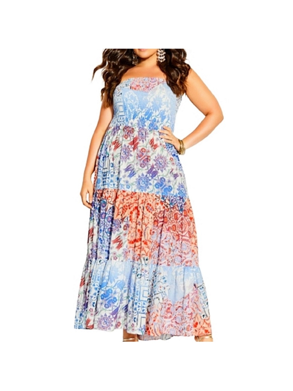 City Chic Cassia Strapless Floral Patchwork Maxi Dress in Blue and Coral XL 22W